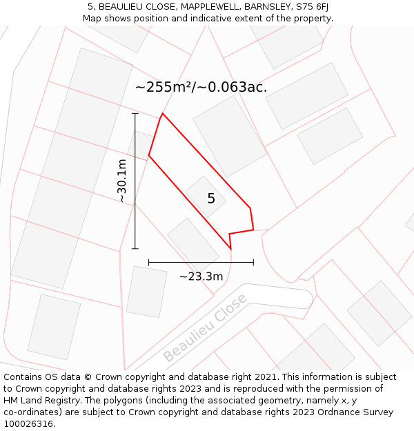 5, BEAULIEU CLOSE, MAPPLEWELL, BARNSLEY, S75 6FJ: Plot and title map