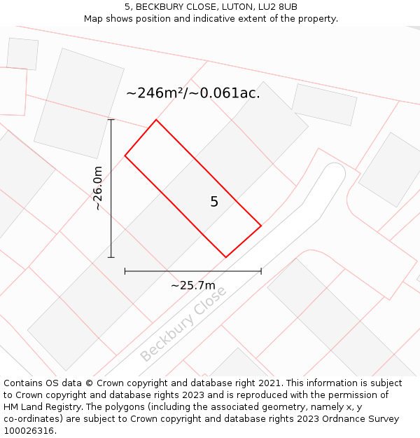 5, BECKBURY CLOSE, LUTON, LU2 8UB: Plot and title map