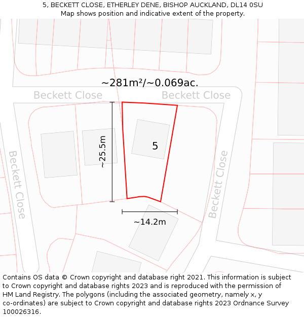 5, BECKETT CLOSE, ETHERLEY DENE, BISHOP AUCKLAND, DL14 0SU: Plot and title map