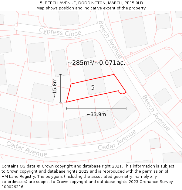 5, BEECH AVENUE, DODDINGTON, MARCH, PE15 0LB: Plot and title map