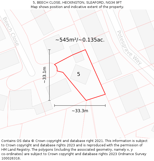 5, BEECH CLOSE, HECKINGTON, SLEAFORD, NG34 9FT: Plot and title map