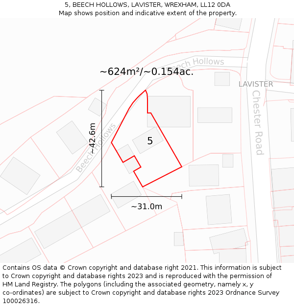 5, BEECH HOLLOWS, LAVISTER, WREXHAM, LL12 0DA: Plot and title map