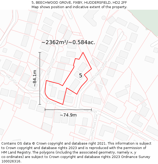 5, BEECHWOOD GROVE, FIXBY, HUDDERSFIELD, HD2 2FF: Plot and title map