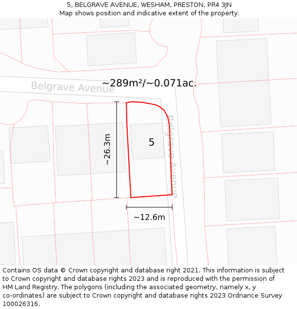 5, BELGRAVE AVENUE, WESHAM, PRESTON, PR4 3JN: Plot and title map