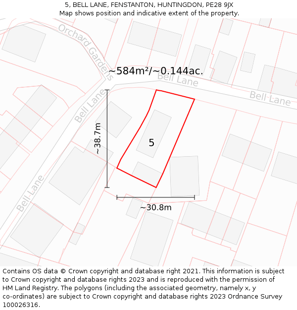 5, BELL LANE, FENSTANTON, HUNTINGDON, PE28 9JX: Plot and title map