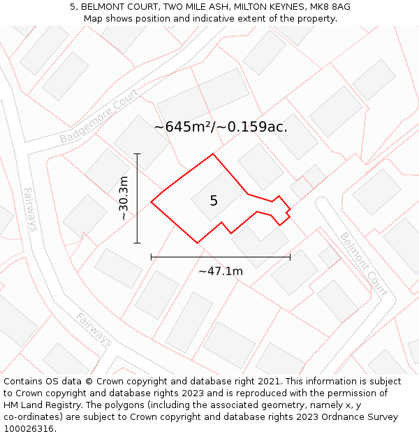 5, BELMONT COURT, TWO MILE ASH, MILTON KEYNES, MK8 8AG: Plot and title map