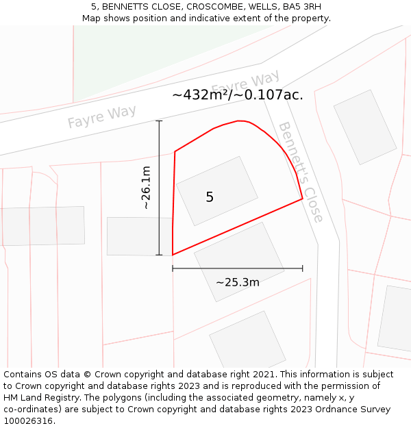 5, BENNETTS CLOSE, CROSCOMBE, WELLS, BA5 3RH: Plot and title map