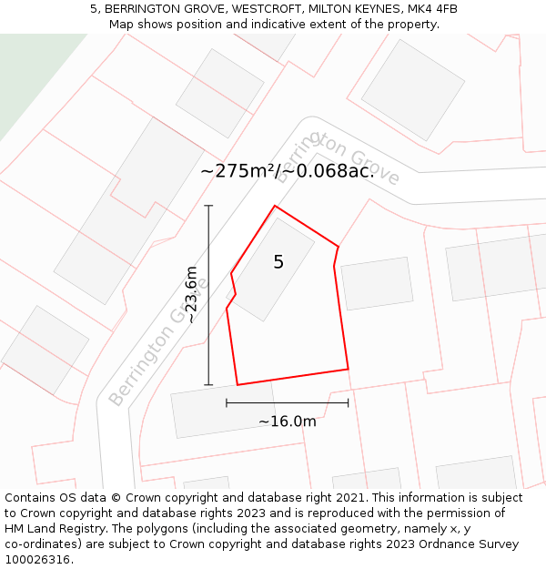 5, BERRINGTON GROVE, WESTCROFT, MILTON KEYNES, MK4 4FB: Plot and title map