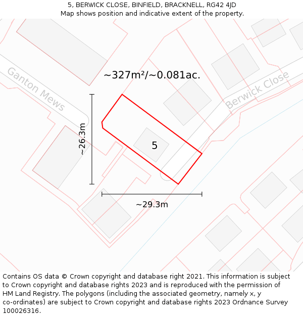 5, BERWICK CLOSE, BINFIELD, BRACKNELL, RG42 4JD: Plot and title map