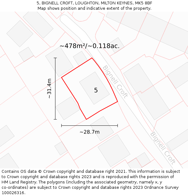 5, BIGNELL CROFT, LOUGHTON, MILTON KEYNES, MK5 8BF: Plot and title map