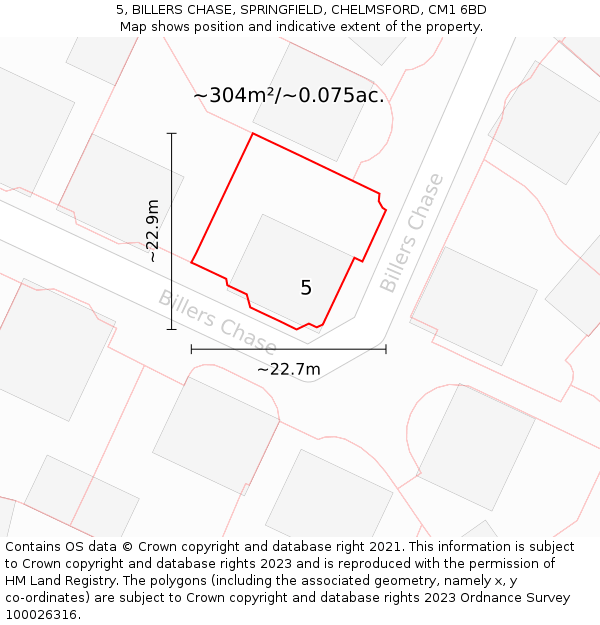 5, BILLERS CHASE, SPRINGFIELD, CHELMSFORD, CM1 6BD: Plot and title map