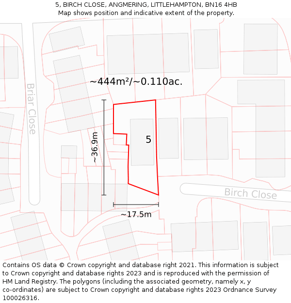 5, BIRCH CLOSE, ANGMERING, LITTLEHAMPTON, BN16 4HB: Plot and title map