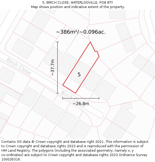 5, BIRCH CLOSE, WATERLOOVILLE, PO8 8TY: Plot and title map