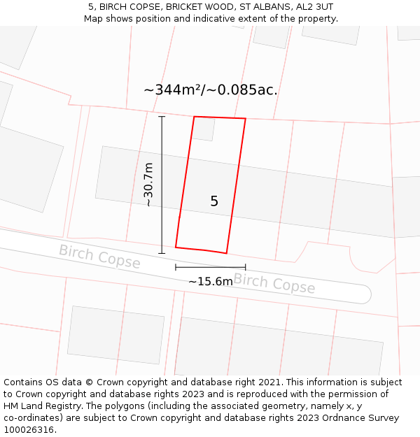 5, BIRCH COPSE, BRICKET WOOD, ST ALBANS, AL2 3UT: Plot and title map