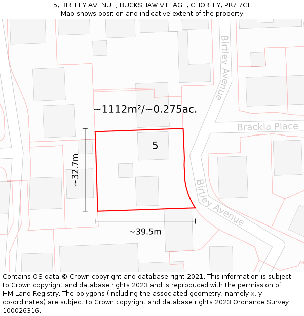 5, BIRTLEY AVENUE, BUCKSHAW VILLAGE, CHORLEY, PR7 7GE: Plot and title map