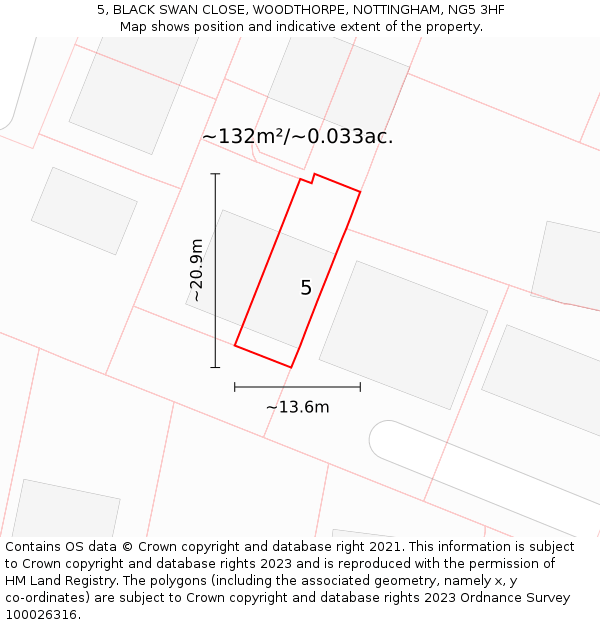 5, BLACK SWAN CLOSE, WOODTHORPE, NOTTINGHAM, NG5 3HF: Plot and title map