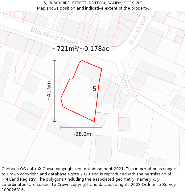 5, BLACKBIRD STREET, POTTON, SANDY, SG19 2LT: Plot and title map