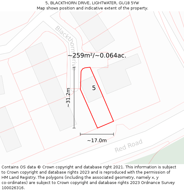 5, BLACKTHORN DRIVE, LIGHTWATER, GU18 5YW: Plot and title map