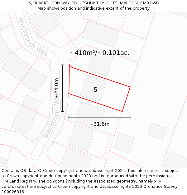 5, BLACKTHORN WAY, TOLLESHUNT KNIGHTS, MALDON, CM9 8WD: Plot and title map