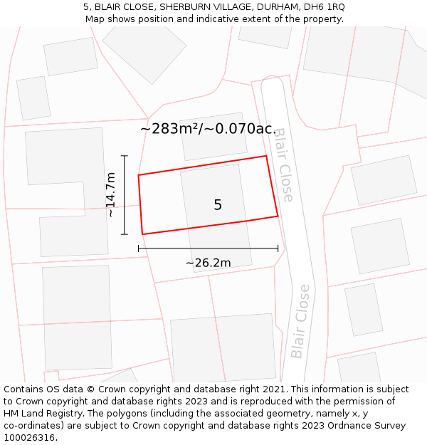 5, BLAIR CLOSE, SHERBURN VILLAGE, DURHAM, DH6 1RQ: Plot and title map