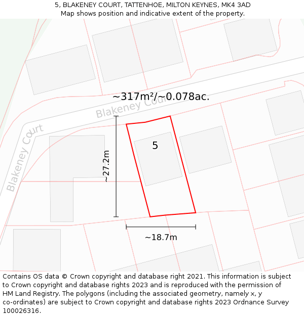 5, BLAKENEY COURT, TATTENHOE, MILTON KEYNES, MK4 3AD: Plot and title map