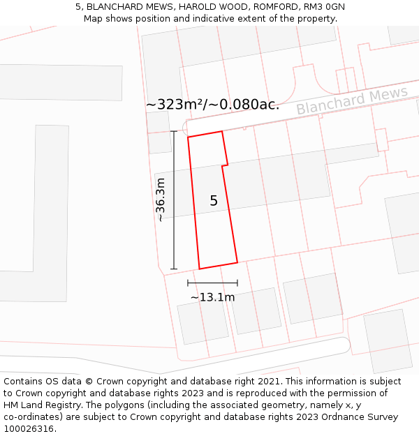 5, BLANCHARD MEWS, HAROLD WOOD, ROMFORD, RM3 0GN: Plot and title map