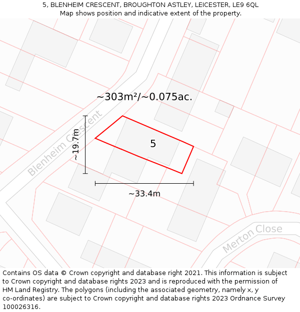 5, BLENHEIM CRESCENT, BROUGHTON ASTLEY, LEICESTER, LE9 6QL: Plot and title map