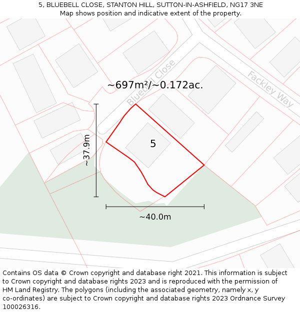 5, BLUEBELL CLOSE, STANTON HILL, SUTTON-IN-ASHFIELD, NG17 3NE: Plot and title map