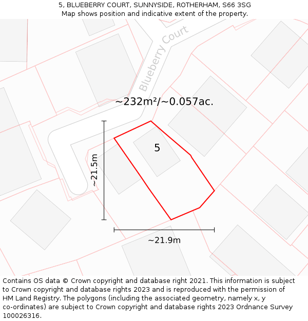 5, BLUEBERRY COURT, SUNNYSIDE, ROTHERHAM, S66 3SG: Plot and title map
