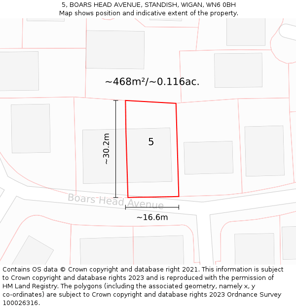 5, BOARS HEAD AVENUE, STANDISH, WIGAN, WN6 0BH: Plot and title map