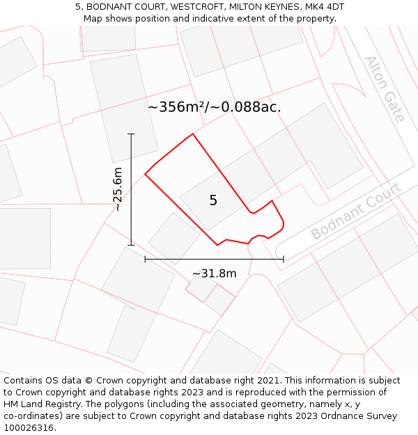 5, BODNANT COURT, WESTCROFT, MILTON KEYNES, MK4 4DT: Plot and title map