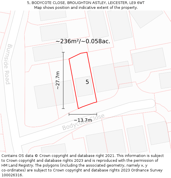 5, BODYCOTE CLOSE, BROUGHTON ASTLEY, LEICESTER, LE9 6WT: Plot and title map
