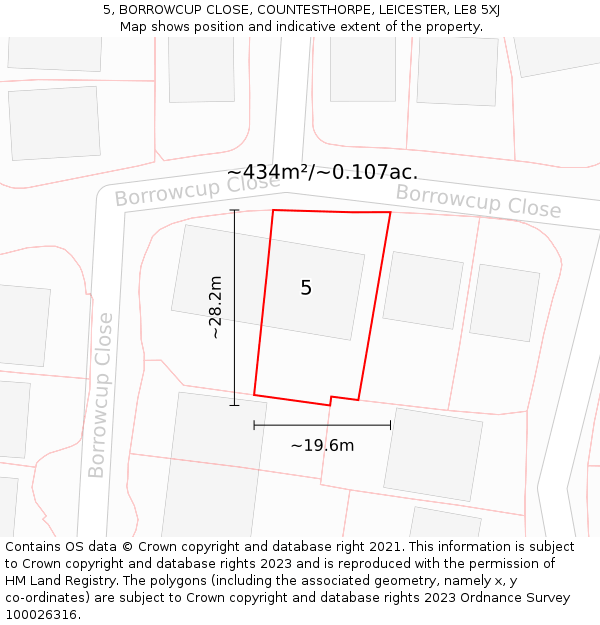 5, BORROWCUP CLOSE, COUNTESTHORPE, LEICESTER, LE8 5XJ: Plot and title map