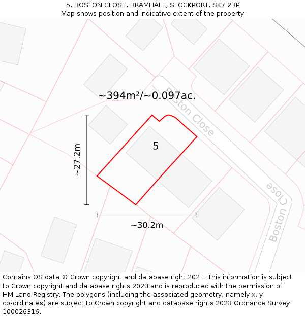 5, BOSTON CLOSE, BRAMHALL, STOCKPORT, SK7 2BP: Plot and title map