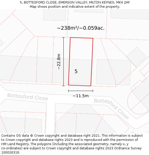 5, BOTTESFORD CLOSE, EMERSON VALLEY, MILTON KEYNES, MK4 2AF: Plot and title map