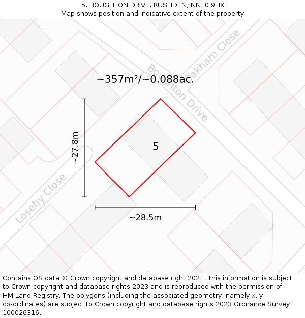 5, BOUGHTON DRIVE, RUSHDEN, NN10 9HX: Plot and title map