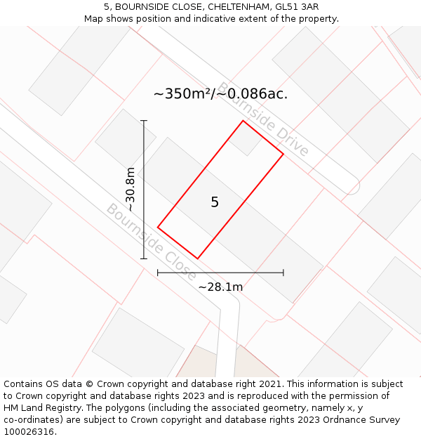 5, BOURNSIDE CLOSE, CHELTENHAM, GL51 3AR: Plot and title map