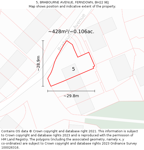 5, BRABOURNE AVENUE, FERNDOWN, BH22 9EJ: Plot and title map