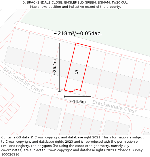 5, BRACKENDALE CLOSE, ENGLEFIELD GREEN, EGHAM, TW20 0UL: Plot and title map