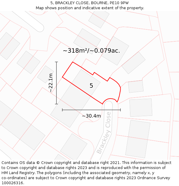 5, BRACKLEY CLOSE, BOURNE, PE10 9PW: Plot and title map