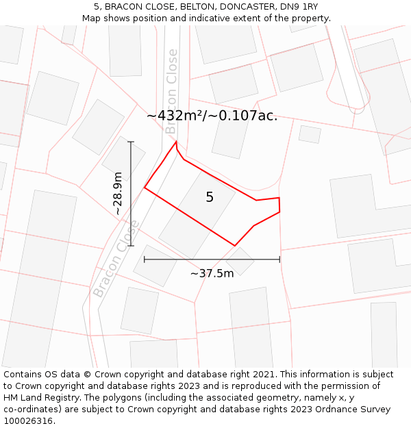 5, BRACON CLOSE, BELTON, DONCASTER, DN9 1RY: Plot and title map