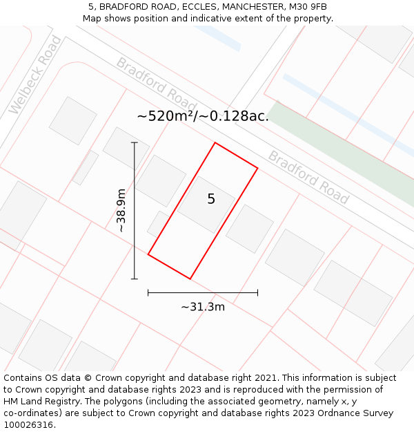 5, BRADFORD ROAD, ECCLES, MANCHESTER, M30 9FB: Plot and title map