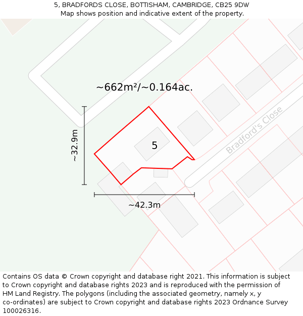 5, BRADFORDS CLOSE, BOTTISHAM, CAMBRIDGE, CB25 9DW: Plot and title map
