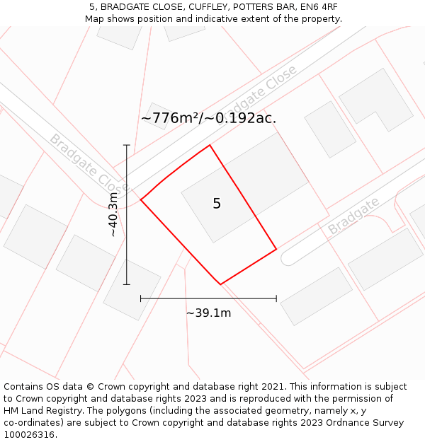 5, BRADGATE CLOSE, CUFFLEY, POTTERS BAR, EN6 4RF: Plot and title map