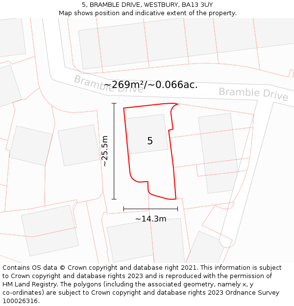 5, BRAMBLE DRIVE, WESTBURY, BA13 3UY: Plot and title map