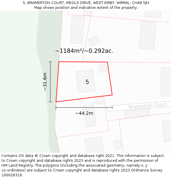 5, BRAMERTON COURT, MEOLS DRIVE, WEST KIRBY, WIRRAL, CH48 5JN: Plot and title map