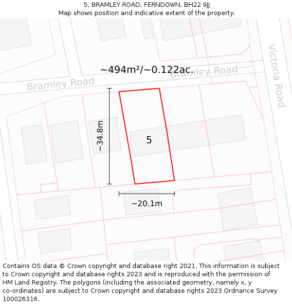 5, BRAMLEY ROAD, FERNDOWN, BH22 9JJ: Plot and title map