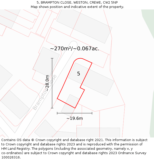 5, BRAMPTON CLOSE, WESTON, CREWE, CW2 5NP: Plot and title map