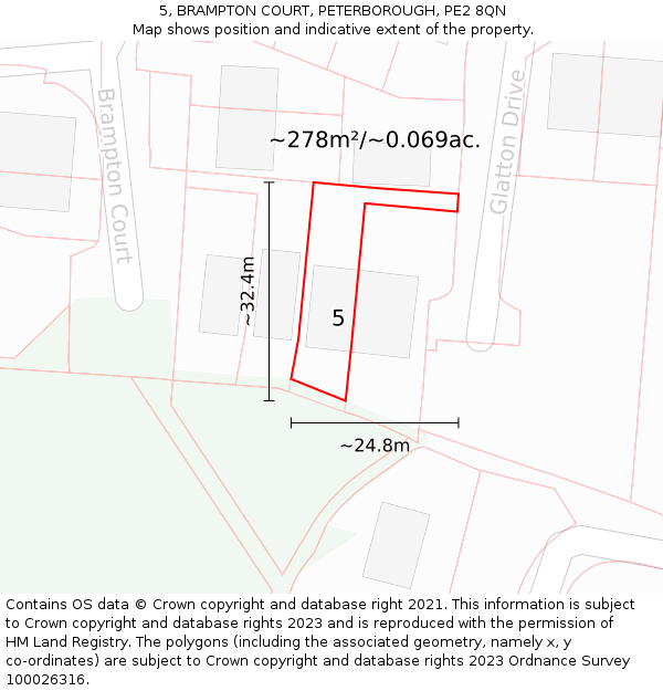 5, BRAMPTON COURT, PETERBOROUGH, PE2 8QN: Plot and title map