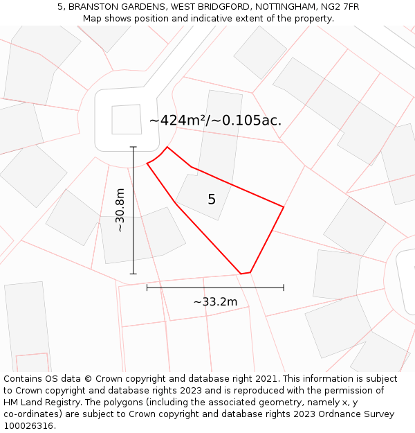 5, BRANSTON GARDENS, WEST BRIDGFORD, NOTTINGHAM, NG2 7FR: Plot and title map